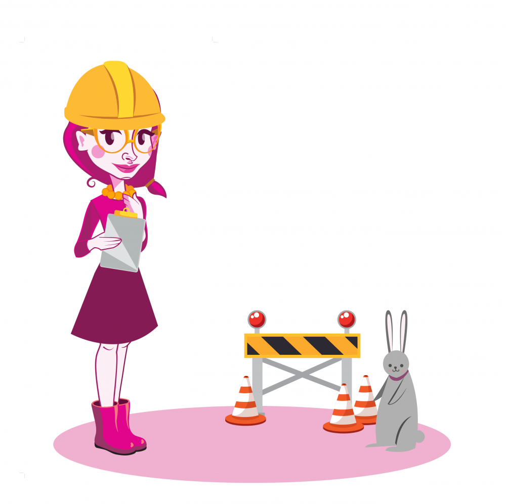 Illustration. Bridgeland Betty and the Bridgeland Bunny standing next to construction cones and signage.