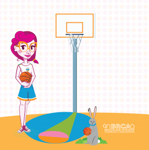 Illustration: Bridgeland Betty and the Bridgeland Bunny playing basketball.